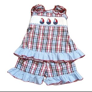 Three Sisters Girls Smocked Sailboat Outfit 3T Embroidered Nautical Preppy